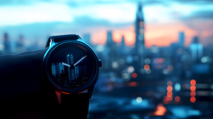 The silhouette of a modern wristwatch without numbers, set against a futuristic cityscape