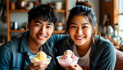 cozy indoor date night featuring a smiling young Asian couple enjoying ice cream in plastic bowls