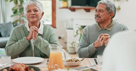 Sticker - Grandparents, parents and children praying over food while eating together as a family during a visit. Kids, gratitude or grace with a group of people saying a prayer during lunch for bonding