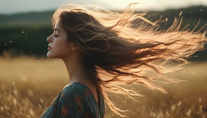 White-haired woman in the wind standing gracefully in a vast, serene field