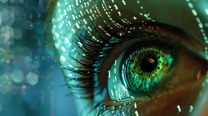 Closeup of a green eye with digital overlay, representing technology and futurism.