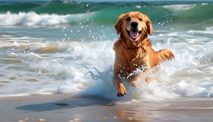 Wall Mural - Joyful Golden Retriever playing on the beach, embracing the sun, sand, and waves in a vibrant 4K scene filled with happiness and excitement