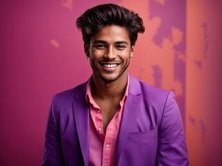 smiling and laughing handsome young man on purple background