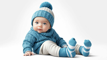 Poster - Baby wearing knitted hat and socks on plain white background