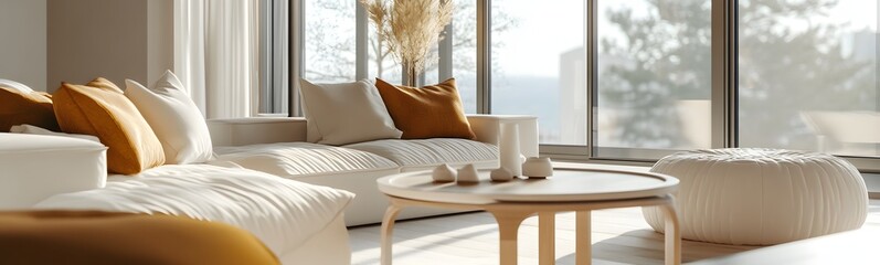 46. **A bright and airy living space with large windows, modern furniture, and a clean background.