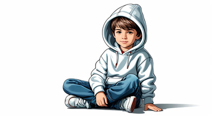 Wall Mural - Child wearing fleece hoodie and jeans on plain white background