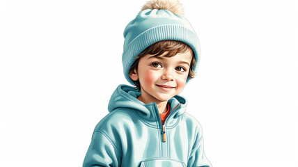 Wall Mural - Child wearing fleece pullover and hat on plain white background