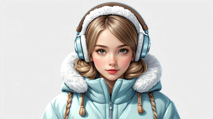 Wall Mural - Girl wearing fleece coat and earmuffs on plain white background