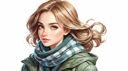 Wall Mural - Girl wearing plaid jacket and scarf on plain white background