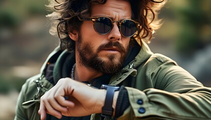 Canvas Print - Dynamic outdoor adventure featuring a stylish field watch, merging trendy fashion with practical functionality in a vibrant setting.