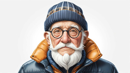 Wall Mural - Grandfather wearing puffer coat and cap on plain white background