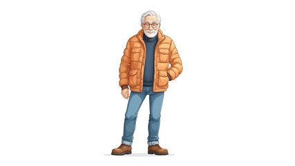 Wall Mural - Grandfather wearing thermal jacket and jeans on plain white background