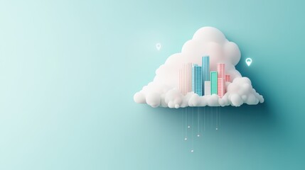 Poster - A cityscape with buildings connected to a digital cloud, symbolizing cloud storage and connectivity.