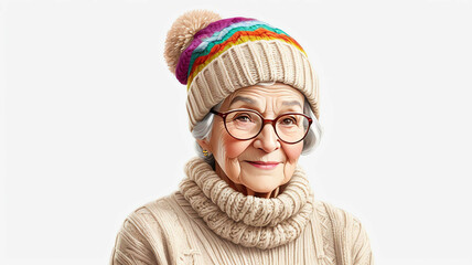 Wall Mural - Grandmother wearing knitted sweater and hat on plain white background