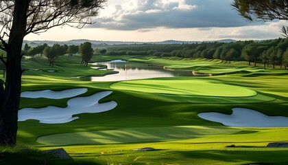 Vibrant green golf course view with distant flag from a low angle, showcasing the beauty of the game for golf enthusiasts