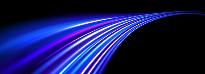 Poster - Glowing neon light trail background. Bright blue purple speed lines. Magic luminous curved road concept. Abstract bent dynamic motion stripes. Shiny streaks for poster, banner, flyer. Vector