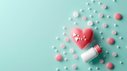 A heart is surrounded by pills and a heart monitor