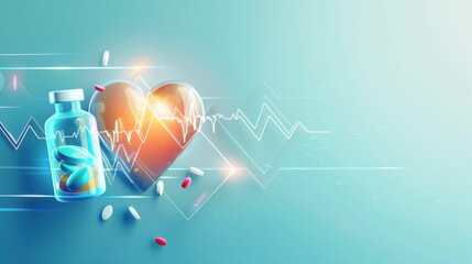 Wall Mural - A heart is surrounded by pills and a heart monitor