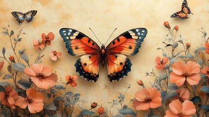 Wall Mural - A vibrant butterfly surrounded by flowers and butterflies.