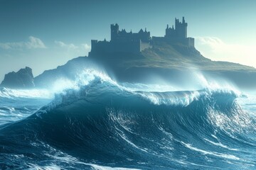 A dramatic ocean wave crashes against rocky coast under a gloomy sky - seascape and nature photography