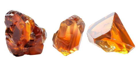 Three pieces of raw amber with various shapes and sizes.