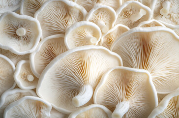 Wall Mural - Close-up of white oyster mushrooms arranged in a pattern on a clean background