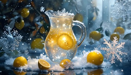 Wall Mural - Refreshing lemonade in a crystal pitcher amidst shimmering snowflakes and ice crystals