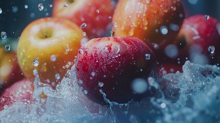 Wall Mural - Close-up of red apples with water splashes