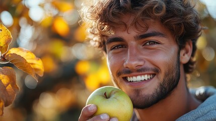 close-up of a handsome young man with a happy expression and healthy teeth eating a green apple, smi