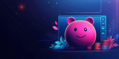 Wall Mural - A cheerful pink piggy bank smiles next to stacks of coins, a playful illustration of online financial security.