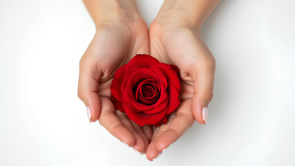 Top view of female hands holding a beautiful rose in the palms on a white background