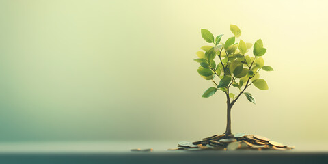 A small green sapling grows out of a pile of coins, symbolizing financial growth and prosperity.