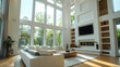 © Akash Tholiya - Beautiful living room interior with hardwood floors huge bank of windows tall vaulted ceiling and fireplace in new luxury home. Creative Banner. Copyspace image
