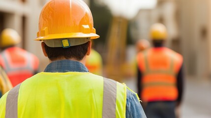 Construction workers in safety gear collaborate on a building site, showcasing teamwork and professionalism in the industry.