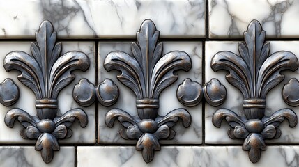 Ornate metal fleur-de-lis details on a white marble tile background.