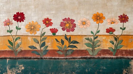 Wall Mural - A painted floral design in red, orange, and yellow.