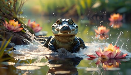 Wall Mural - Playful crocodile character splashing water by a river surrounded by floating lotus flowers