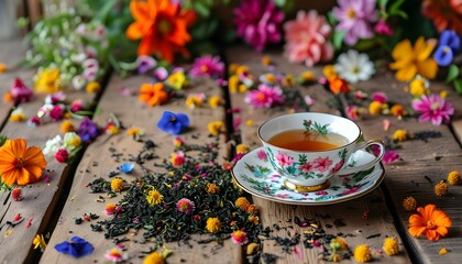 Wall Mural - Charming teacup adorned with vibrant flowers and scattered tea leaves on weathered wooden surface