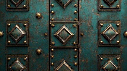 Wall Mural - Close-up of a teal metal door with intricate gold detailing.