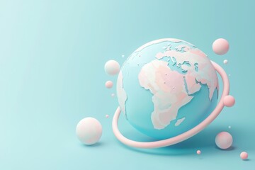 3D render of a stylized planet Earth with soft pastel colors, surrounded by orbiting rings and small spheres, floating on a light blue background.