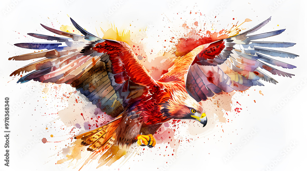 Picture brown eagle or hawk flying on color brown watercolor background ...