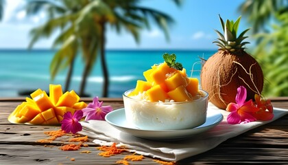 Wall Mural - Vibrant coconut mango rice pudding parfaits on a rustic table overlooking a serene blue sea