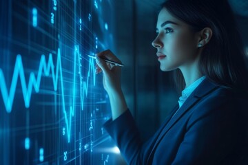 Businessman drawing a growth graph with a digital screen and financial data, a Business people concept on a blue background.