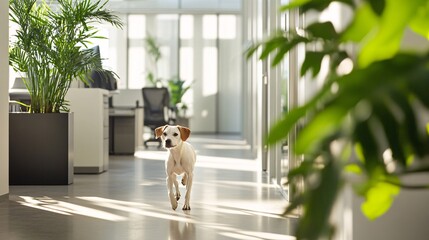 Dog strolling past an office plant, soft natural light illuminating a clean and modern workspace