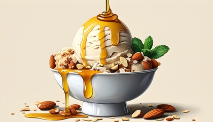 Wall Mural - Delicious scoop of vanilla ice cream adorned with crunchy frozen almonds and drizzled honey in a frosty bowl