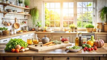 Rustic kitchen table with scattered ingredients and an empty area for copy, surrounded by natural light, [kitchen table copy space], [cooking concept]