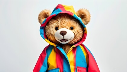 Wall Mural - Joyful teddy bear in colorful raincoat posing for the camera against a clean white background