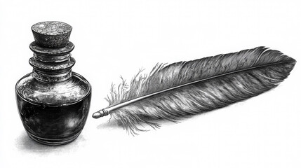 Black and white sketch of a vintage ink bottle and feather quill, with an old-fashioned writing style