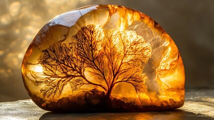 Fossilized plants within amber resin with a gentle light source highlighting their delicate details, amber casting a warm, rich glow, intricate patterns of leaves and plant parts visible, serene and