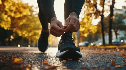 Male runner tying her shoes preparing for a jogging
